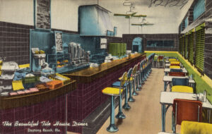 Image of linen postcard showing the interior of the Tile House Diner in Daytona Beach, Florida, c. 1930-45.
