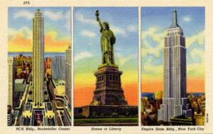 Rockefeller Center, Statue of Liberty, Empire State Building postcard, 1944