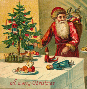 Image of vintage Christmas card depicting Santa Claus, Christmas tree, plate of cookies, and toys
