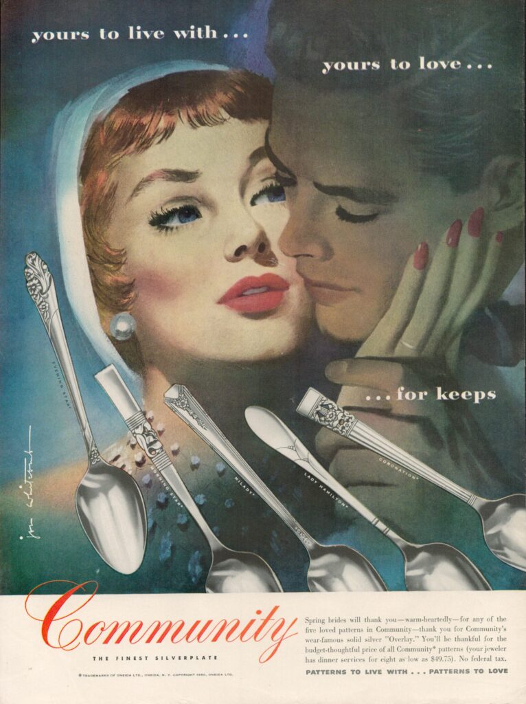 Ad for Community silverware in Life Magazine illustrated by Jon Whitcomb, 1950.