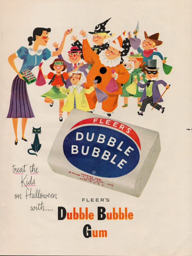 Ad for Dubble Bubble gum depicting bold, flat colors and geometric shapes, 1952.