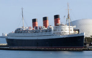Color photo of the RMS Queen Mary in Long Beach, California.
