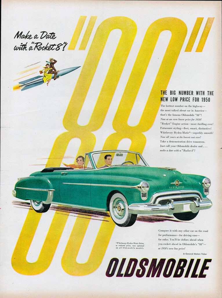 Oldsmobile car ad, 1950.