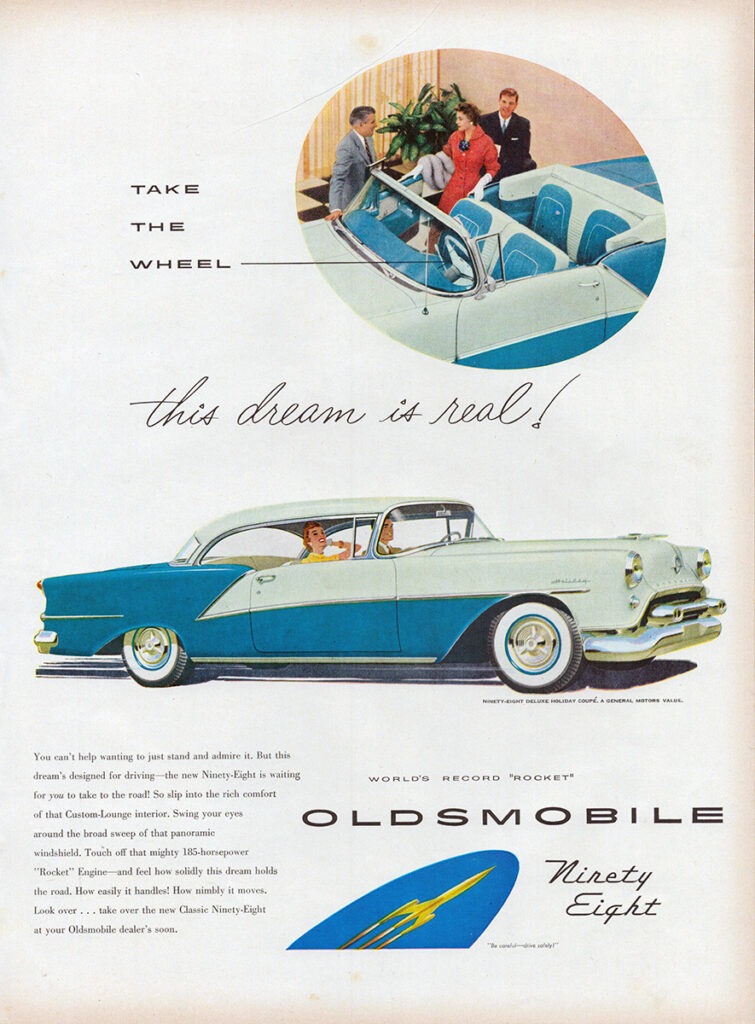 Oldsmobile car ad, 1954.