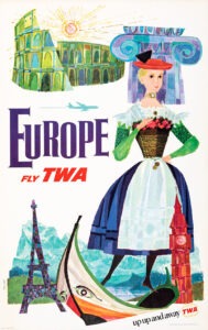 Europe, fly TWA travel poster by David Klein, c. 1960s