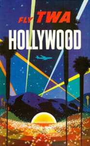 Hollywood TWA travel poster by David Klein, c. 1960s