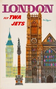 London, Fly TWA Jets travel poster by David Klein, c. 1960s