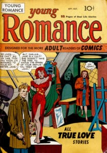 Romance comics cover of Young Romance number 1, September/October 1947
