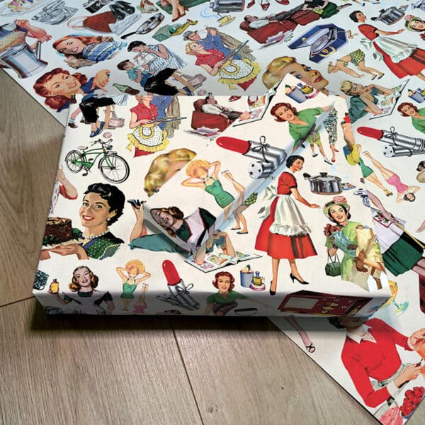 Image of Retro Happy Housewives gift wrap, featuring mid-century advertising art