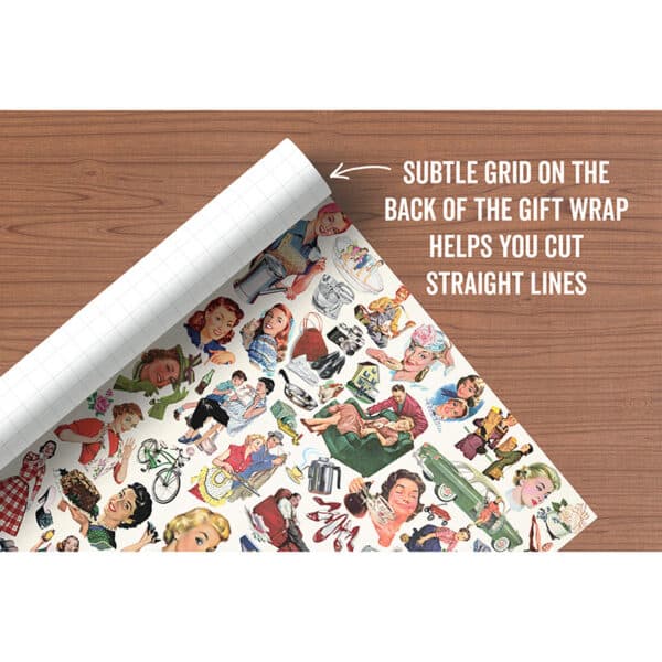 Image of Retro Happy Housewives gift wrap, featuring mid-century advertising art