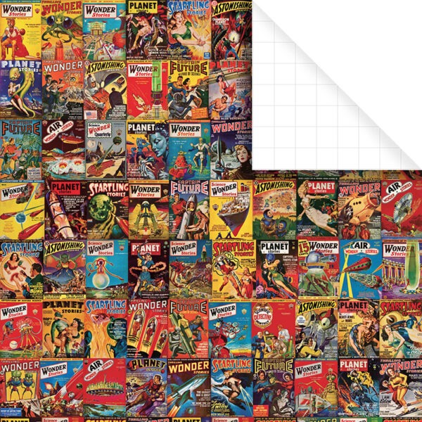 Image of Vintage Sci-Fi gift wrap, featuring pulp sci-fi magazine covers