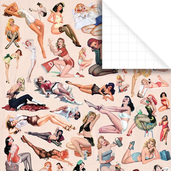 Image of Vintage Pinups gift wrap, featuring mid-century pinup art