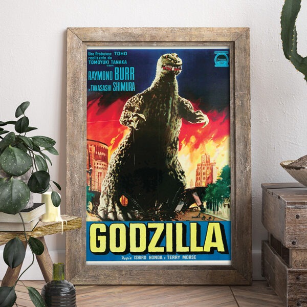 Image of Godzilla reproduction vintage movie poster in a frame