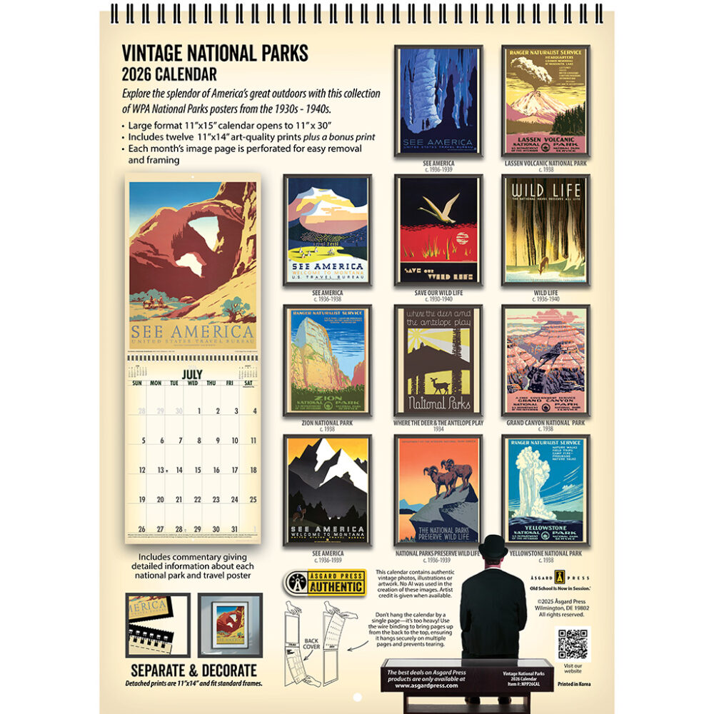 Back cover of the Asgard Press 2026 Vintage National Parks Calendar