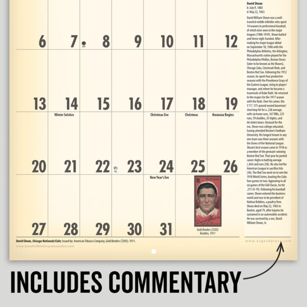 Image of a page of sample commentary from the Asgard Press 2026 Vintage Baseball Cards Calendar