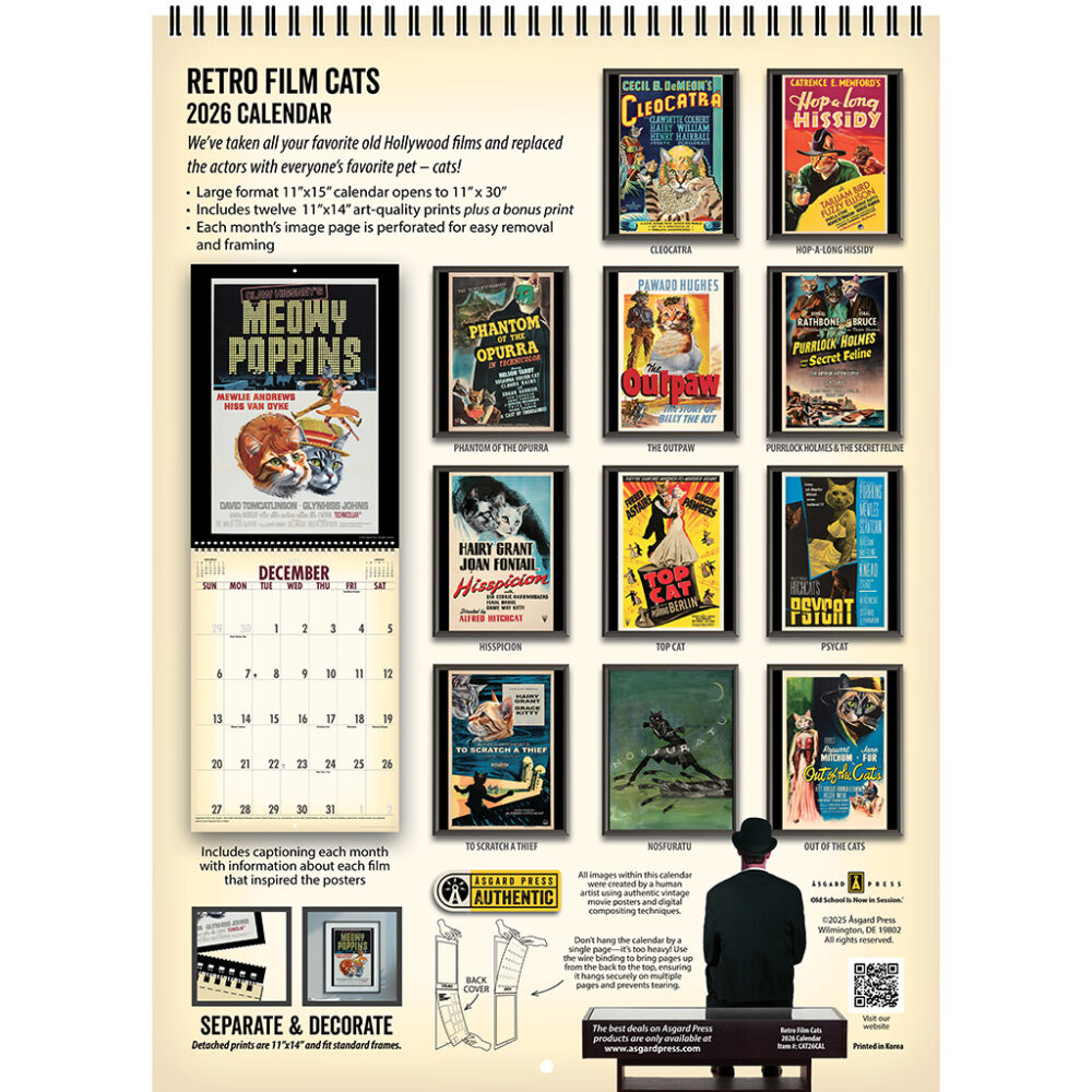 Back cover of the Asgard Press 2026 Retro Film Cats Calendar