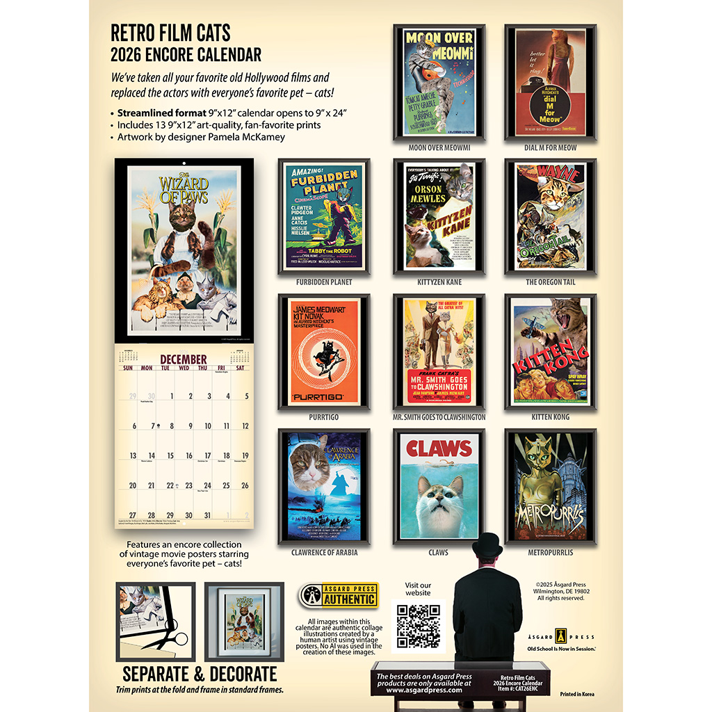 Back cover of the Asgard Press 2026 Retro Film Cats Encore Edition Calendar