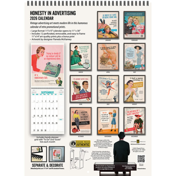 Back cover of the Asgard Press 2026 Retro Honesty in Advertising Calendar