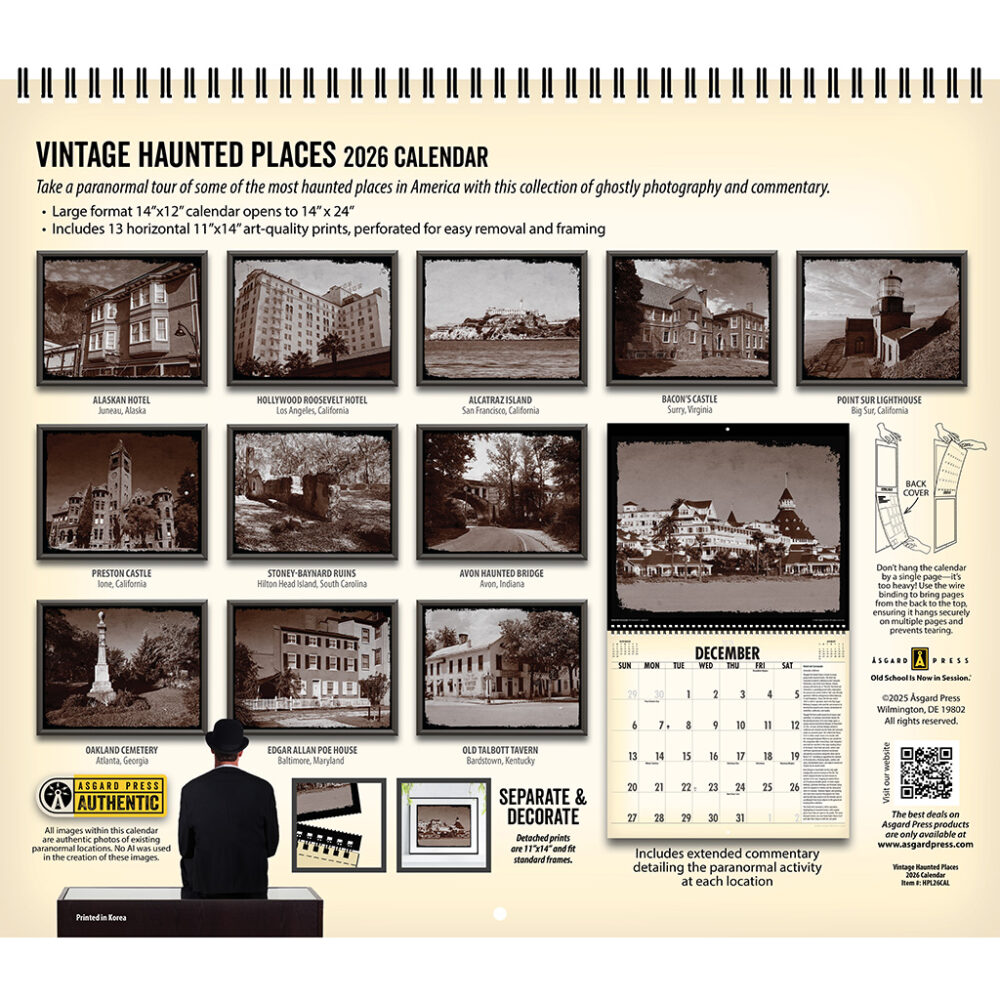Back cover of the Asgard Press 2026 Vintage Haunted Places Calendar