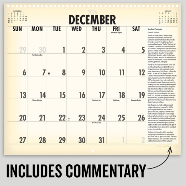 Image of a page of sample commentary from the Asgard Press 2026 Vintage Haunted Places Calendar