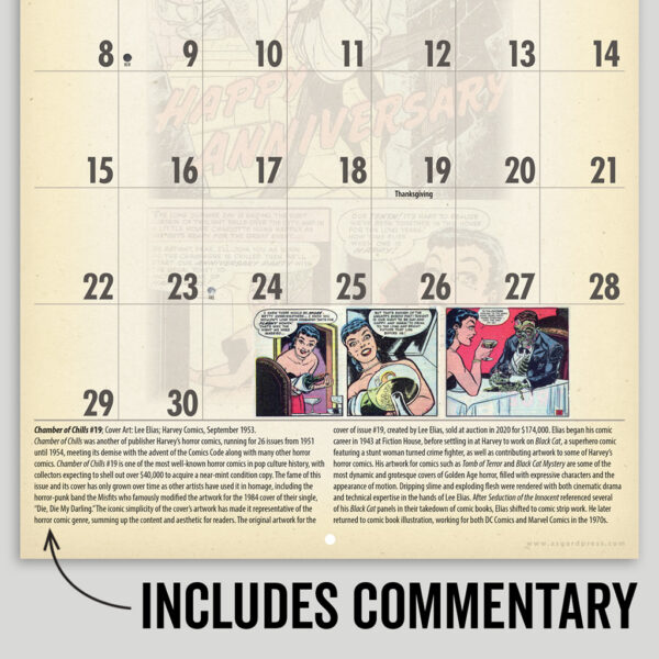 Image of a page of sample commentary from the Asgard Press 2026 Vintage Horror Comics Calendar