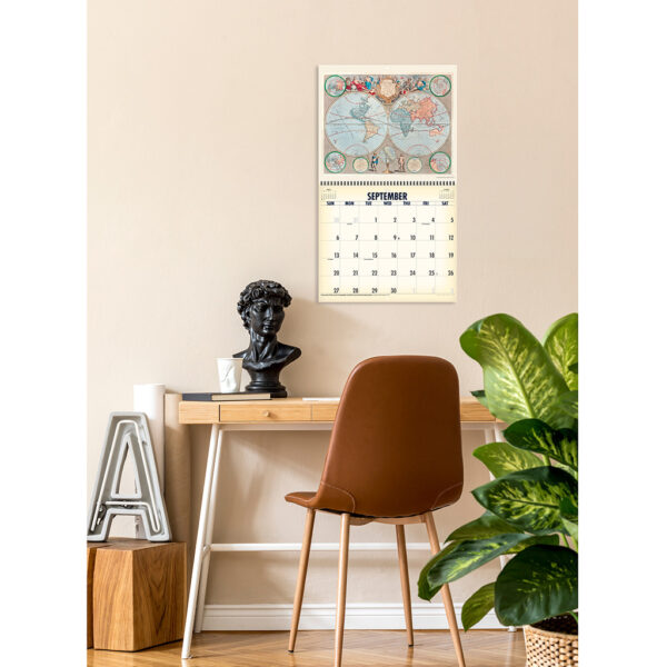 Photo showing the Asgard Press 2026 Vintage Maps Calendar hanging over a desk