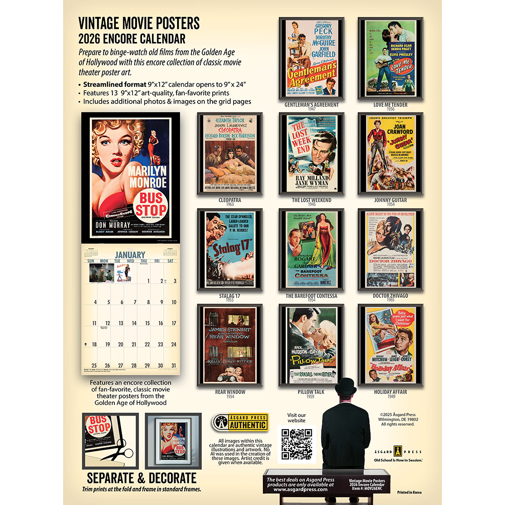 Back cover of the Asgard Press 2026 Vintage Movie Posters Encore Edition Calendar