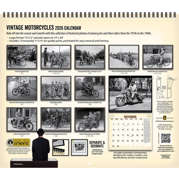 Back cover of the Asgard Press 2026 Vintage Motorcycles Calendar