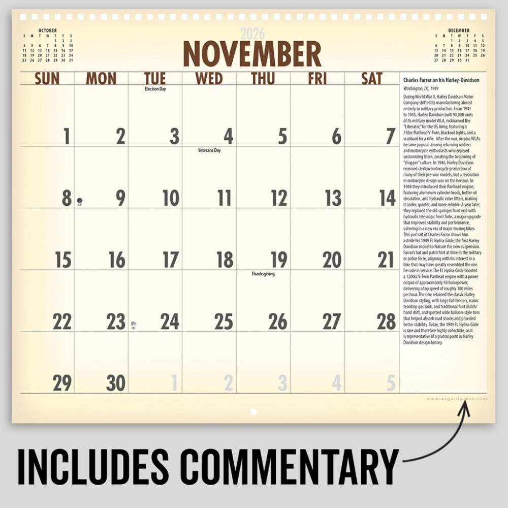 Image of a page of sample commentary from the Asgard Press 2026 Vintage Motorcycles Calendar