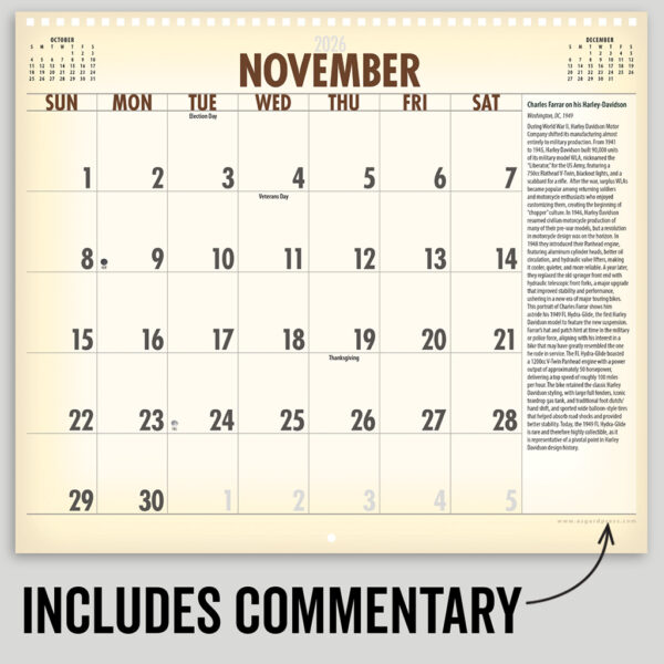 Image of a page of sample commentary from the Asgard Press 2026 Vintage Motorcycles Calendar