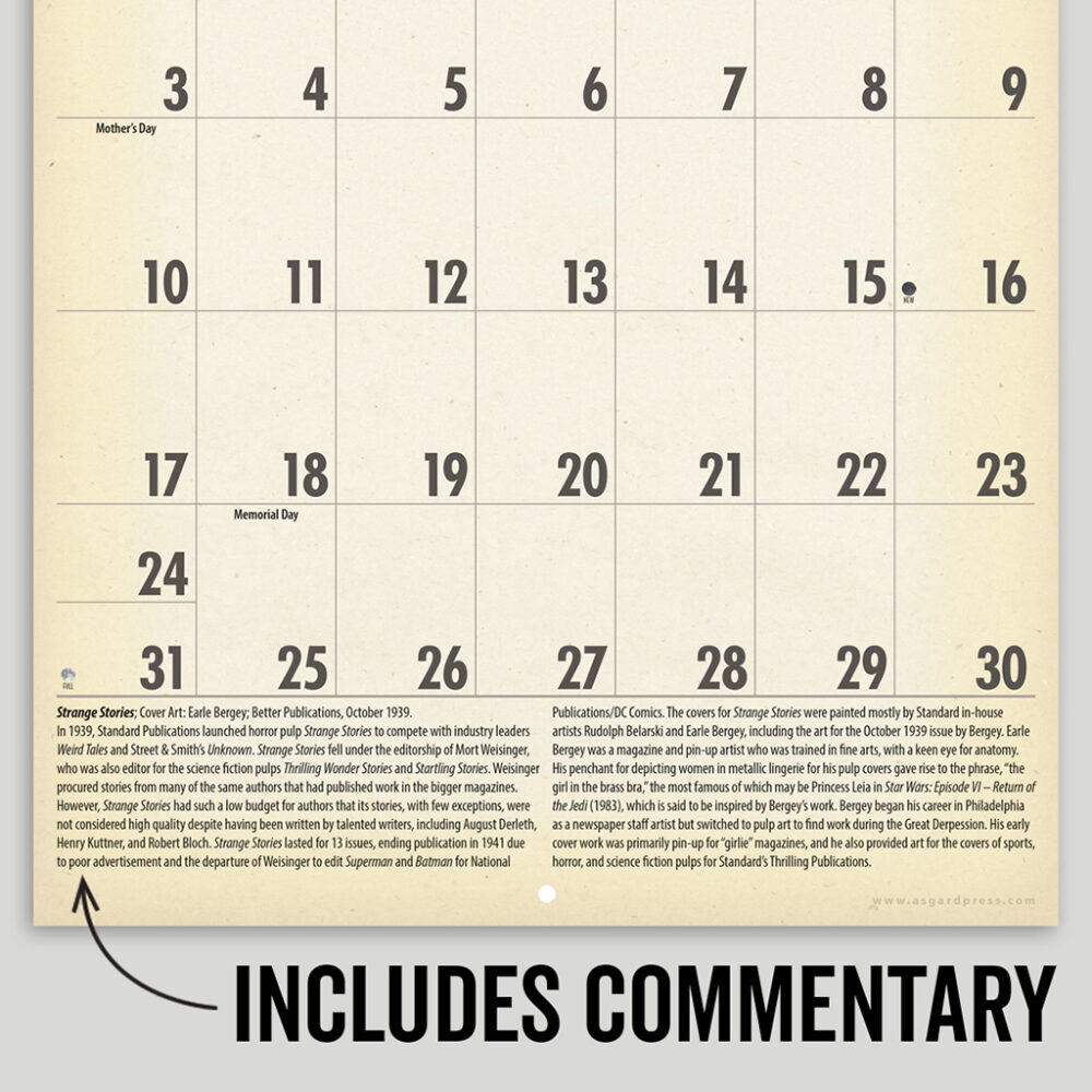 Image of a page of sample commentary from the Asgard Press 2026 Vintage Pulp Horror Calendar