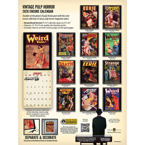Back cover of the Asgard Press 2026 Vintage Pulp Horror Encore Edition Calendar