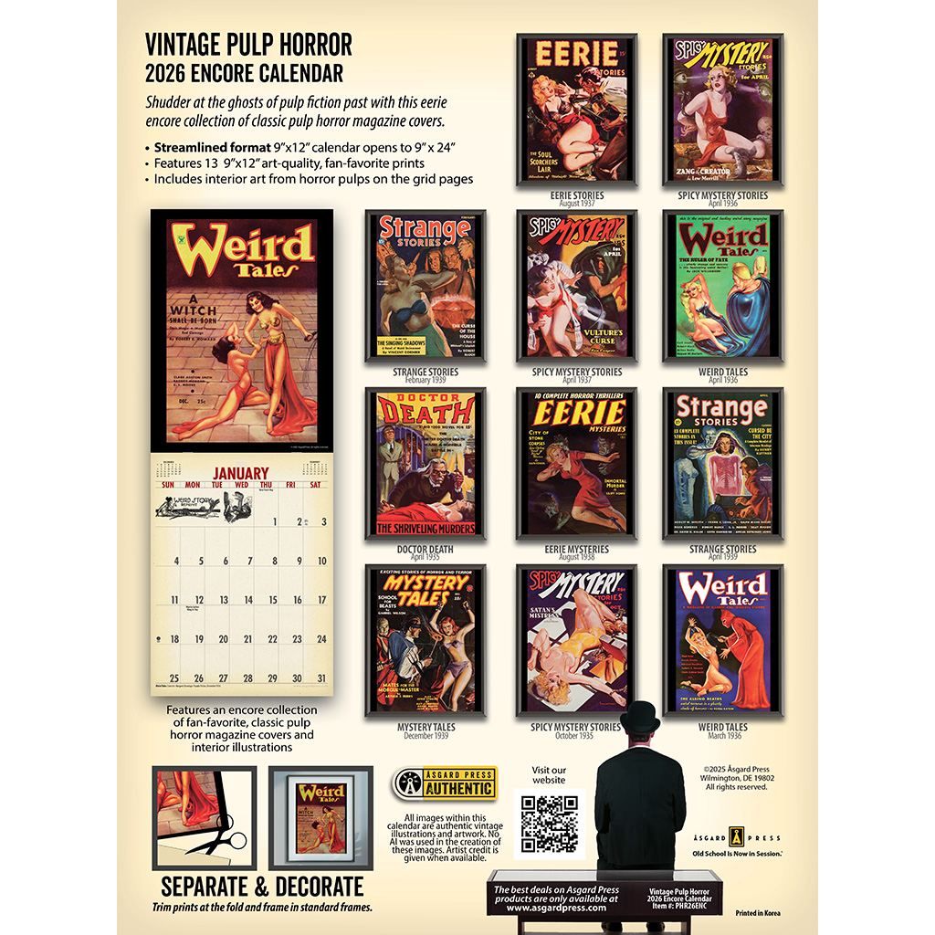 Back cover of the Asgard Press 2026 Vintage Pulp Horror Encore Edition Calendar