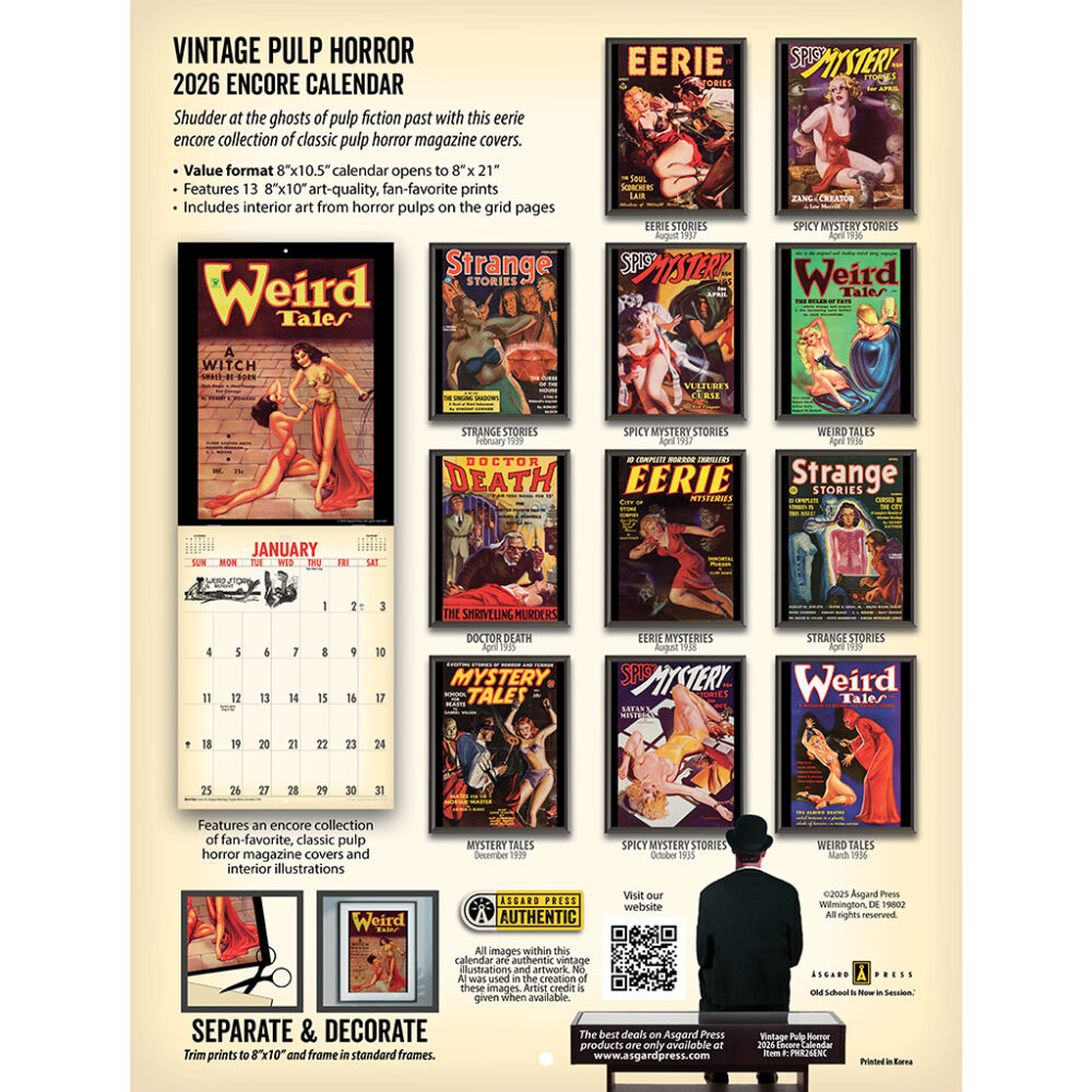 Back cover of the Asgard Press 2026 Vintage Pulp Horror Encore Edition Calendar