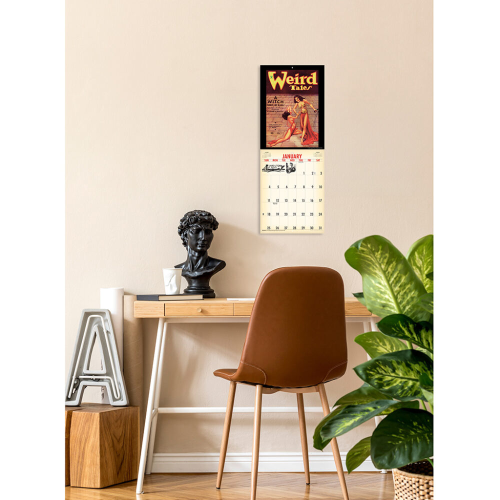 Photo showing the Asgard Press 2026 Vintage Pulp Horror Encore Edition Calendar hanging over a desk