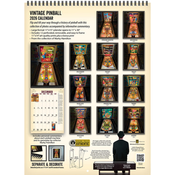 Back cover of the Asgard Press 2026 Vintage Pinball Calendar