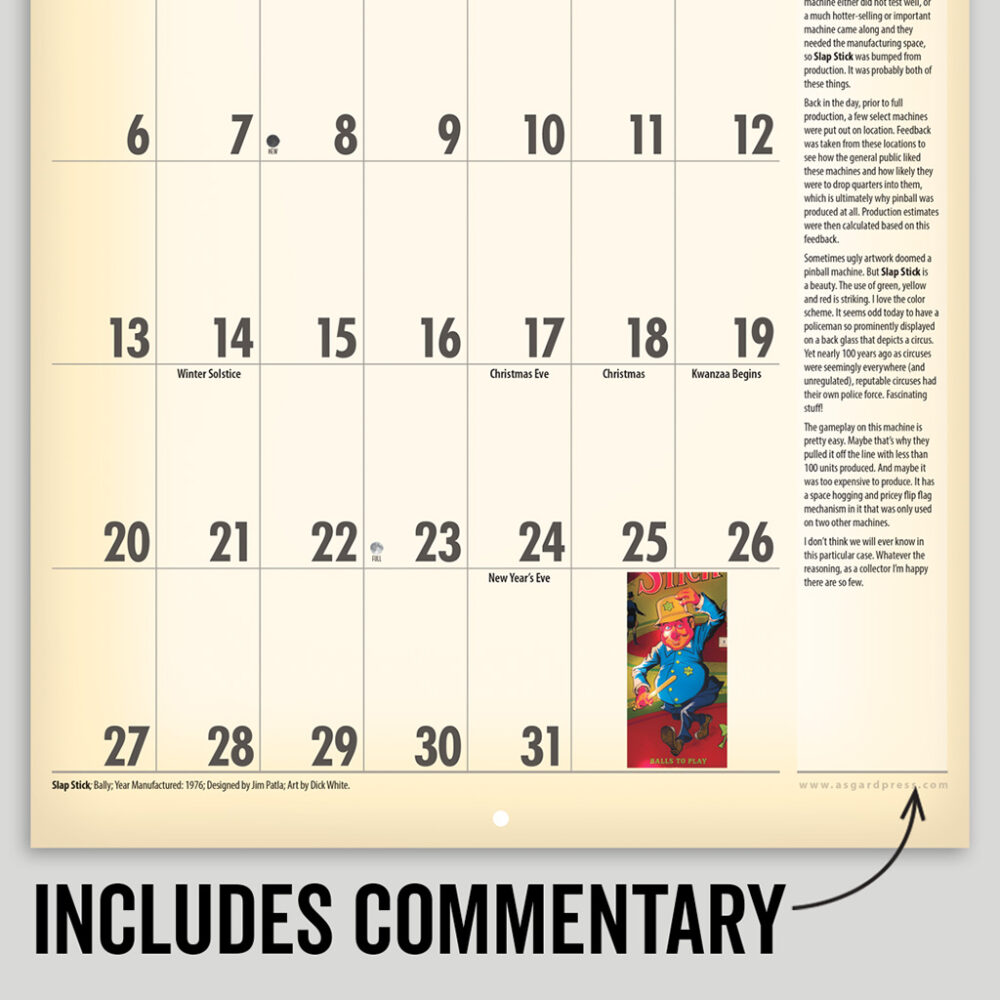 Image of a page of sample commentary from the Asgard Press 2026 Vintage Pinball Calendar