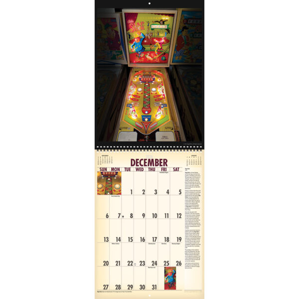 Sample spread from the Asgard Press 2026 Vintage Pinball Calendar