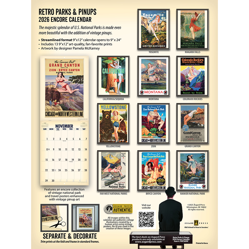 Back cover of the Asgard Press 2026 Retro Parks and Pinups Encore Edition Calendar