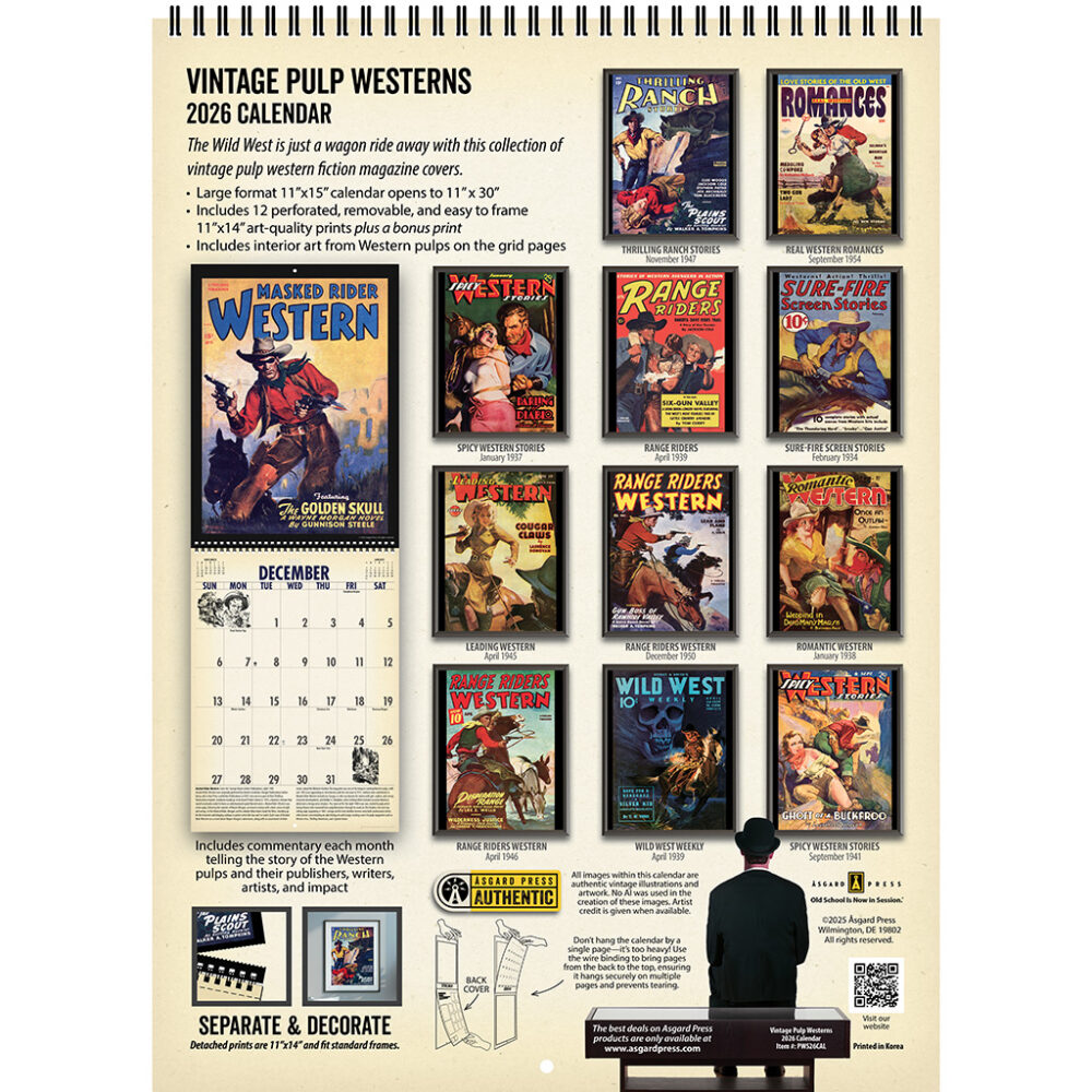 Back cover of the Asgard Press 2026 Vintage Pulp Westerns Calendar