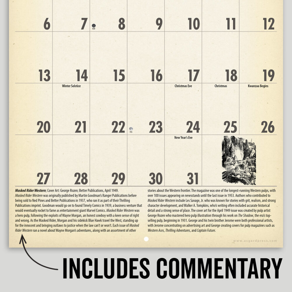 Image of a page of sample commentary from the Asgard Press 2026 Vintage Pulp Westerns Calendar