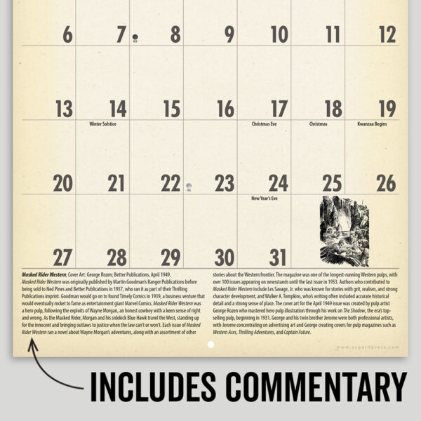 Image of a page of sample commentary from the Asgard Press 2026 Vintage Pulp Westerns Calendar