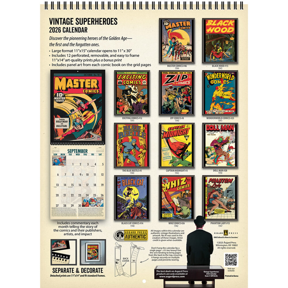 Back cover of the Asgard Press 2026 Vintage Superheroes Calendar
