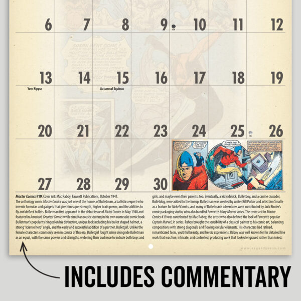 Image of a page of sample commentary from the Asgard Press 2026 Vintage Superheroes Calendar