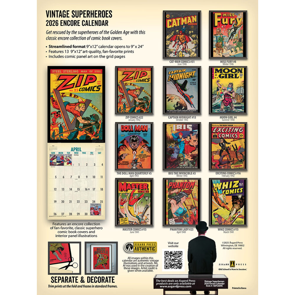 Back cover of the Asgard Press 2026 Vintage Superheroes Encore Edition Calendar