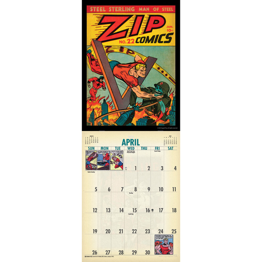 Sample spread from the Asgard Press 2026 Vintage Superheroes Encore Edition Calendar