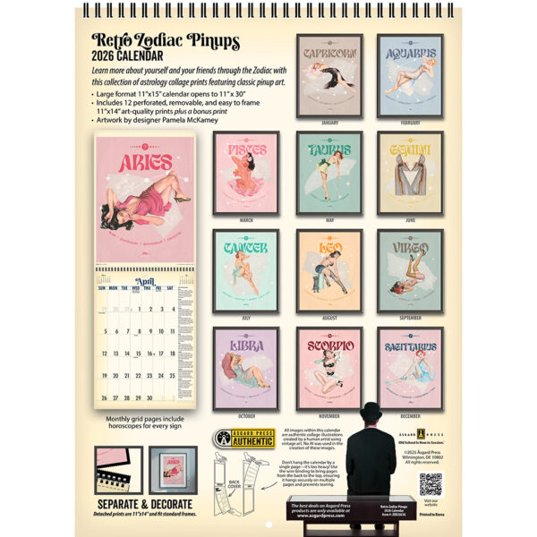 Back cover of the Asgard Press 2026 Retro Zodiac Pinups Calendar
