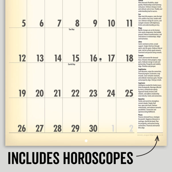 Image of a page of sample horoscopes from the Asgard Press 2026 Retro Zodiac Pinups Calendar