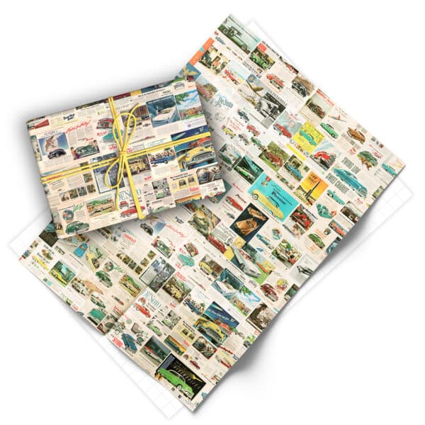 Folded sheet of vintage car ads gift wrap from Asgard Press