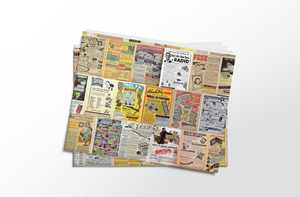Stack of folded sheets of vintage comic book ads gift wrap from Asgard Press